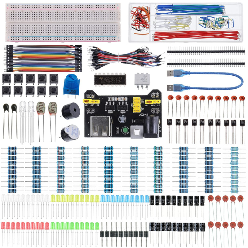 BOJACK 37 Values 480 Pcs Electronics Component Fun Kit with Power Supply Module, Jumper Wire,Precision Potentiometer,830 tie-Points Breadboard Compatible with STM32,Raspberry Pi,Arduino