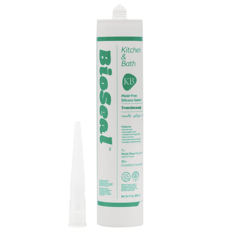 Translucent BioSeal 100% Silicone Sealant Caulk Kitchen and Bath Grade, Waterproof and No Odor No Color Change 10.1 Ounce Cartridge, Clear Translucent 1