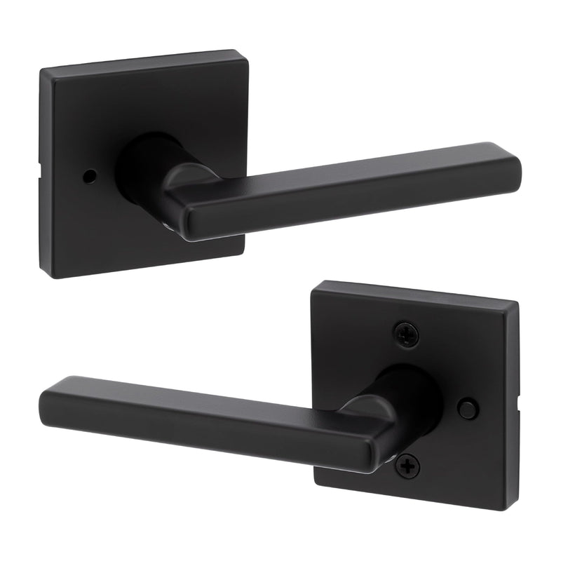 Kwikset Halifax Interior Privacy Door Handle with Lock, Door Lever For Bathroom and Bedroom, Matte Black Reversible Keyless Push Button Lock Door Lever, with Microban Protection, Square Rose 1 Pack