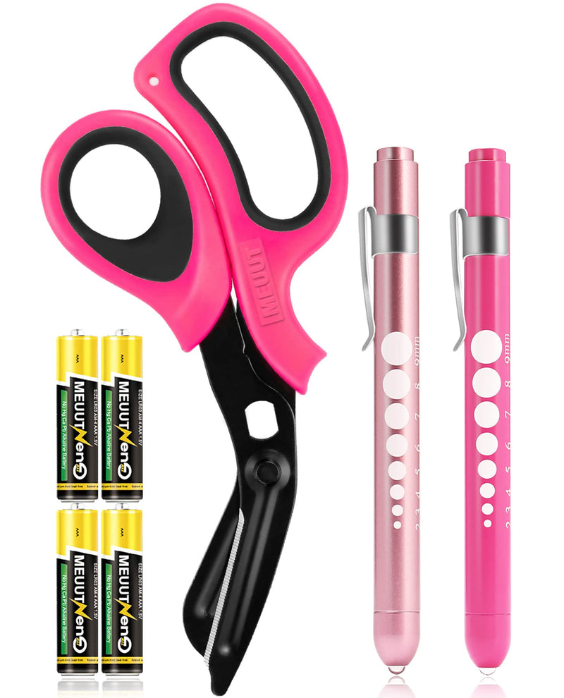 MEUUT 3 Pack Pen light & Medical Scissors-One Pantented Trauma Scissor Two LED Penlight with Pupil Gauge -8" Bandage Scissor for Nurse Doctor EMT Pink Scissor+pink&light Pink Penlight