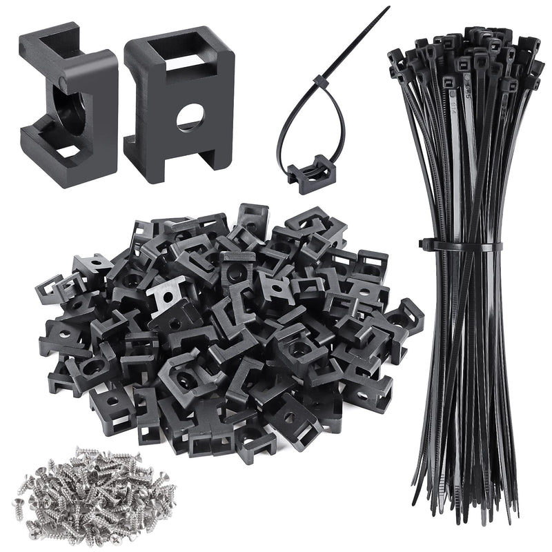 XHF 100 Pcs Cable Zip Tie Saddle Type Mounts Base with 100 Pcs 8" Cable Ties and 100 Pcs Tapping Screw, Wire Cable Clips Organizer Holders Clamps Black 0.6 inch