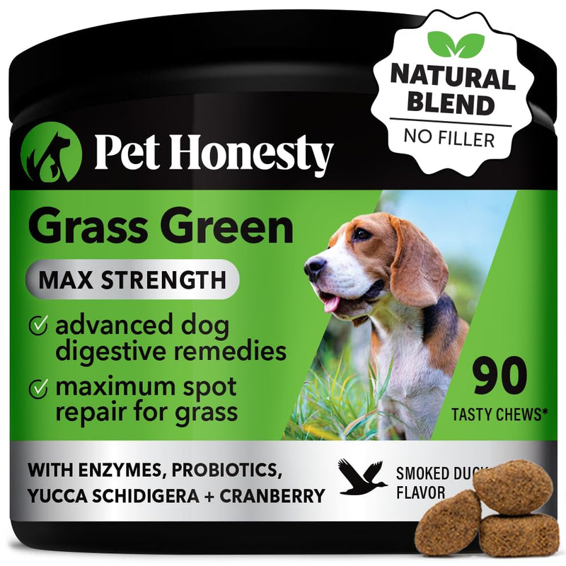 Pet Honesty Grass Green Max Strength Burn Spot Chews for Dogs - Premium Formula - Dog Pee Lawn Spot Saver Supplement Caused by Dog Urine, Dog Antioxidant with Probiotics + DL-Methionine (Duck 90 ct) Max Strength - Duck - PawsPlanet Australia