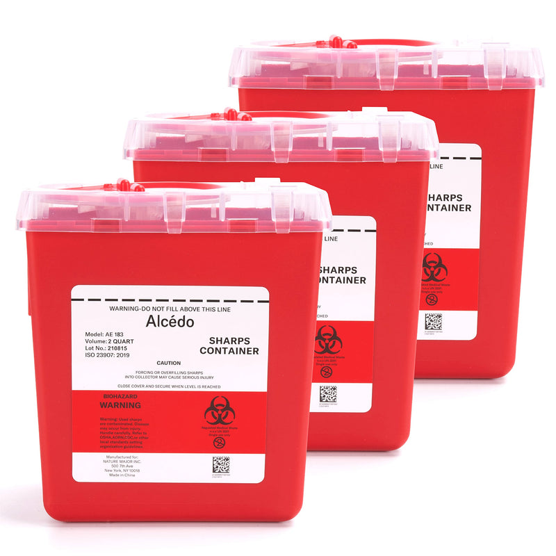 Alcedo Sharps Container for Home and Professional Use 2 Quart (3-Pack), Biohazard Needle and Syringe Disposal, Medical Grade 3