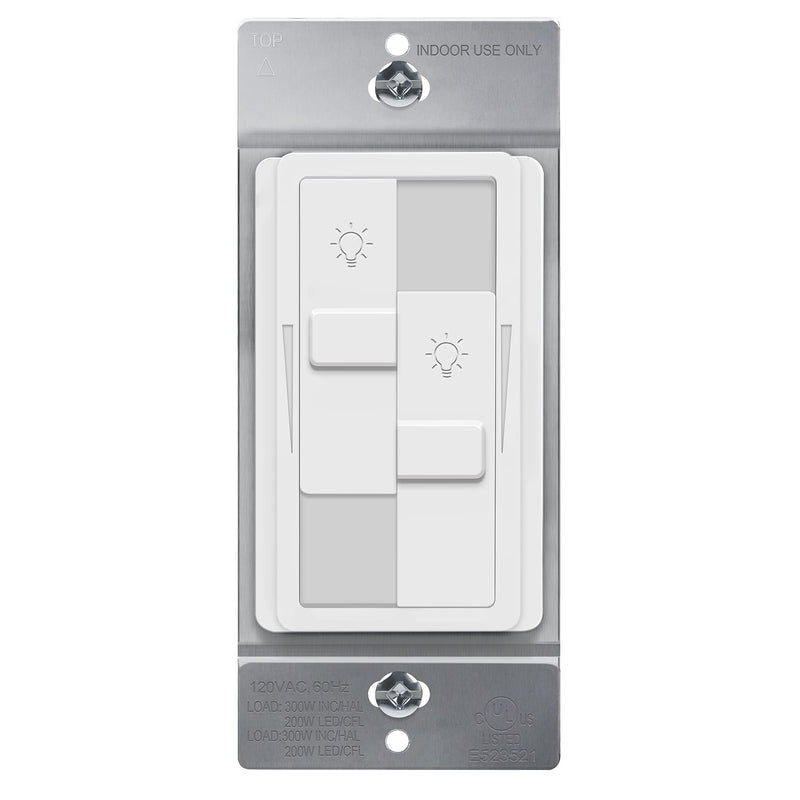 TOPGREENER Kalide Dual Load Dimmer Light Switch, Double LED Dimmer Switch, Full Range Dimming, Single Pole, 120VAC, 60Hz, 200W LED/CFL, Neutral Wire Not Required, TGDDS-W, White 1 Pack
