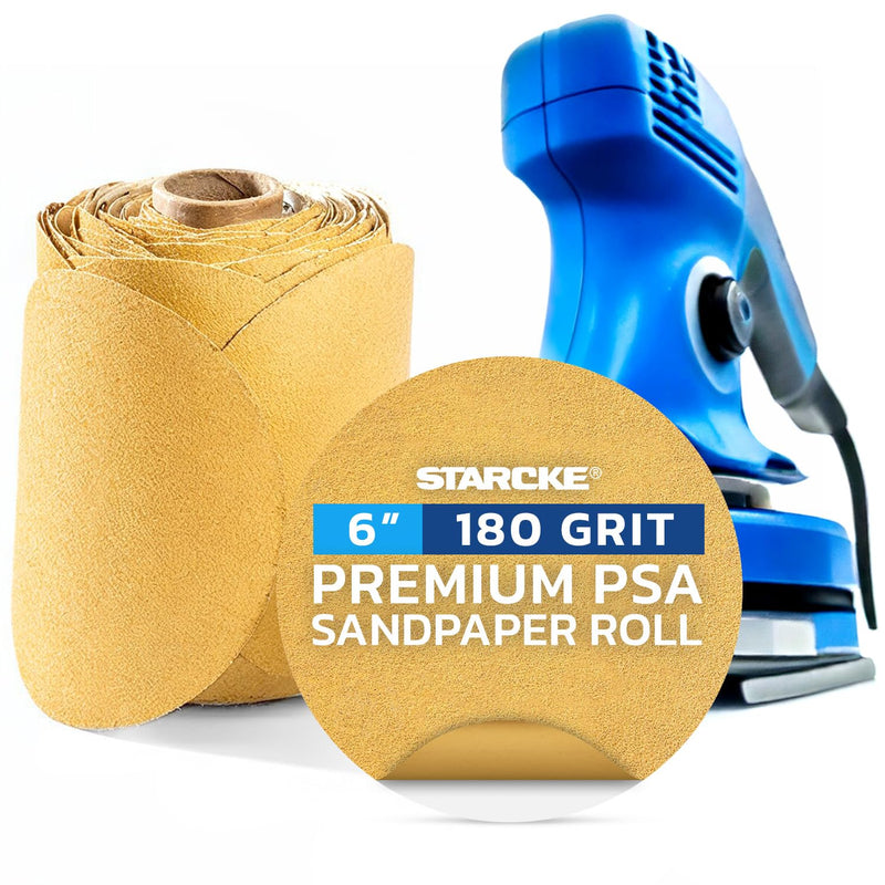 6 Inch Sanding Discs 180 Grit, 100 Pack Sandpaper Discs PSA Adhesive Sandpaper Roll No Hole - Disc Gold Round Sanding Paper, Durable Sand Paper for Wood, Auto Body, Metal, Paint for Surfaces