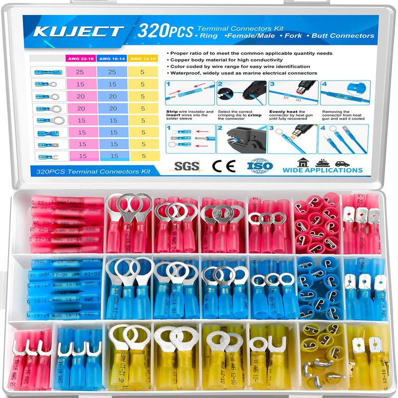 Kuject 320PCS Heat Shrink Wire Connectors Kit, Electrical Waterproof Crimp Butt Terminals, Insulated Spade Connectors for Automotive Marine Boat Truck, Include Rings Forks Spade Butt Splices 320