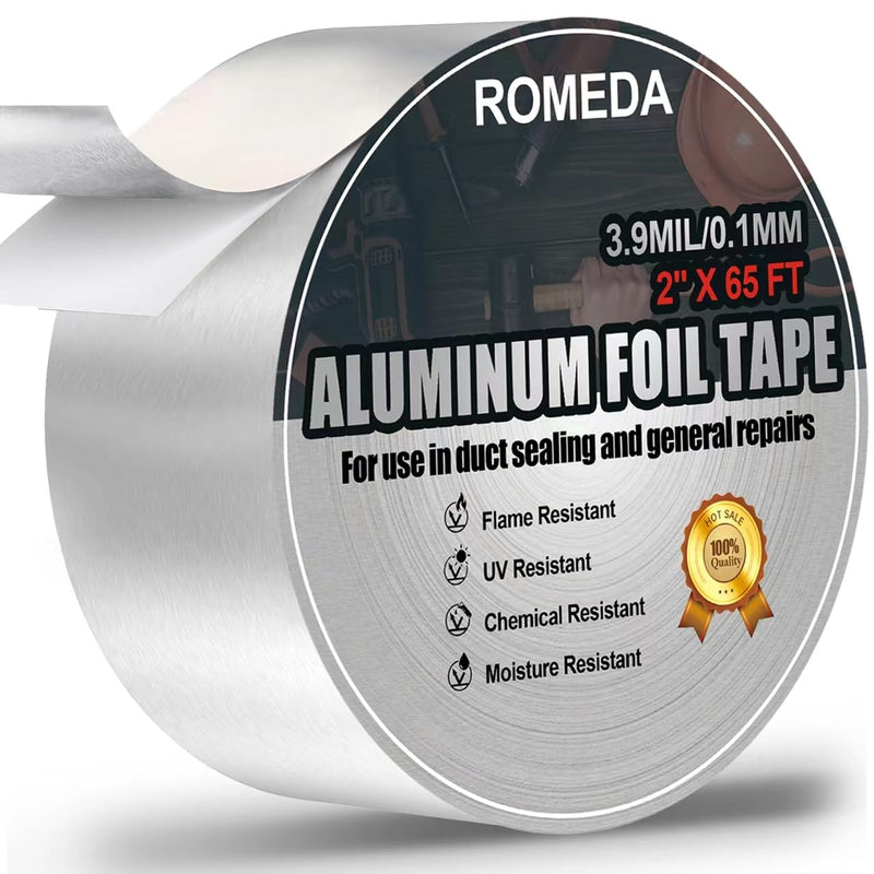 Romeda Aluminum Tape, 2 inch x 65 Feet Foil Tape (3.9 mil), Insulation Adhesive Metal Tape, High Temperature Heavy Duty HVAC Tape, Silver Tape Aluminum Foil Tape for Ductwork, Dryer Vent, HVAC 2 inch x 65 Ft