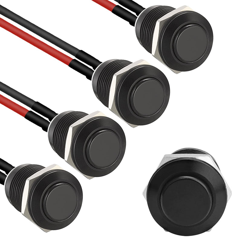 STARELO 5pcs 12mm Momentary Push Button Switch Black Shell with pre-Wiring, IP65 Waterproof Push Button Switch,Aluminum Alloy 1 Normally Open Without LED. 12mm Black Shell