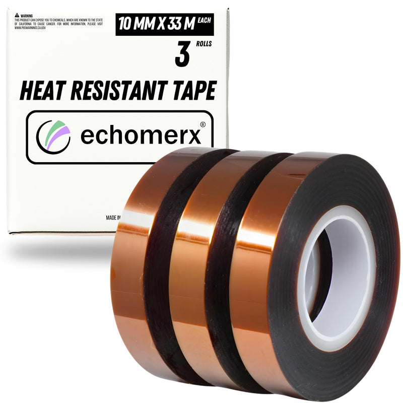 echomerx 3-Pack High Temp Heat Tape 10mm x 33m (108ft) - Heat Resistant Sublimation Tape for Crafts & Electronics - 1" Core, No Residue, 482°F Max - Brown 10mm | 1"-Core Brown | 3-PK