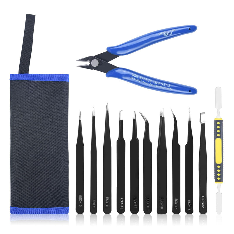 Ainiv Precision Tweezers Set, 11PCS Anti-Static ESD Tweezers Set with 1PCS Micro Wire Cutter for Modeling, Electronic Repair, Handicraft, Laboratory, Jewelry Manufacturing, Hobby etc 12pcs