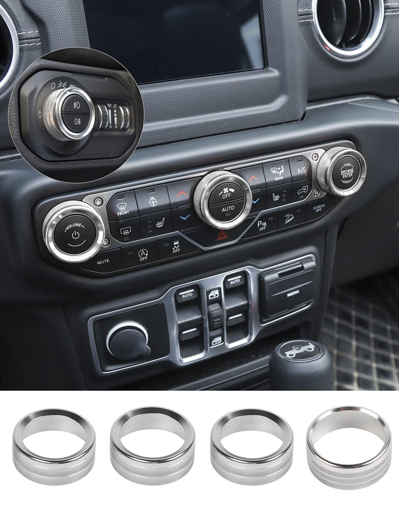 JeCar Air Conditioner Switch Knob Cover & Headlight Knob Cover Aluminum Alloy AC Button Trims Compatible with Jeep Wrangler 2018-2023 JL JLU & 2020-2023 Gladiator (Silver) Silver