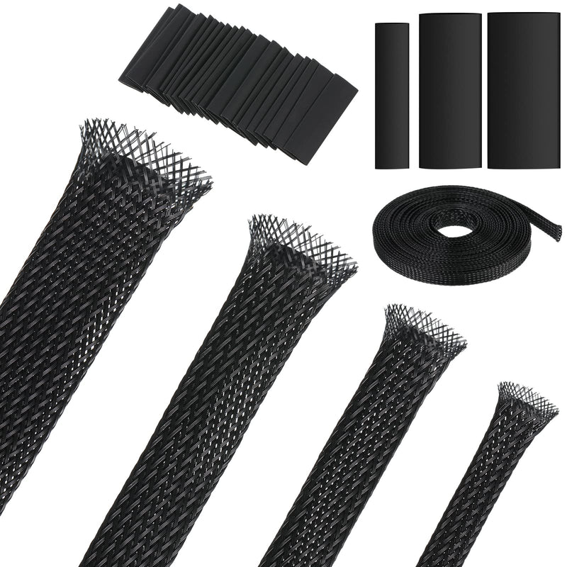 Tatuo 65.6 ft Expandable Braided Cable Sleeve Multi Size Braided Wire Sleeve with 120 Pcs Heat Shrink Tubing for Television Audio Computer Cables Video Pets,1/4 in,2/5 in,1/2 in,3/4 in(Black) Black