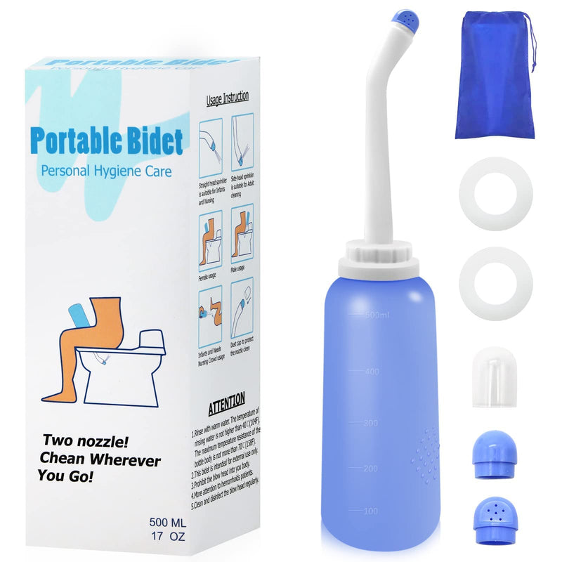 RUFCRIL Peri Bottle, Portable Travel Bidet with Bag, TPE Material Can Be Boiled, 17oz/500ml with 2 Sealing Rings,Essentials for Postpartum Perineal Care,Hemorrhoid Treatment,and Baby(Blue) Blue