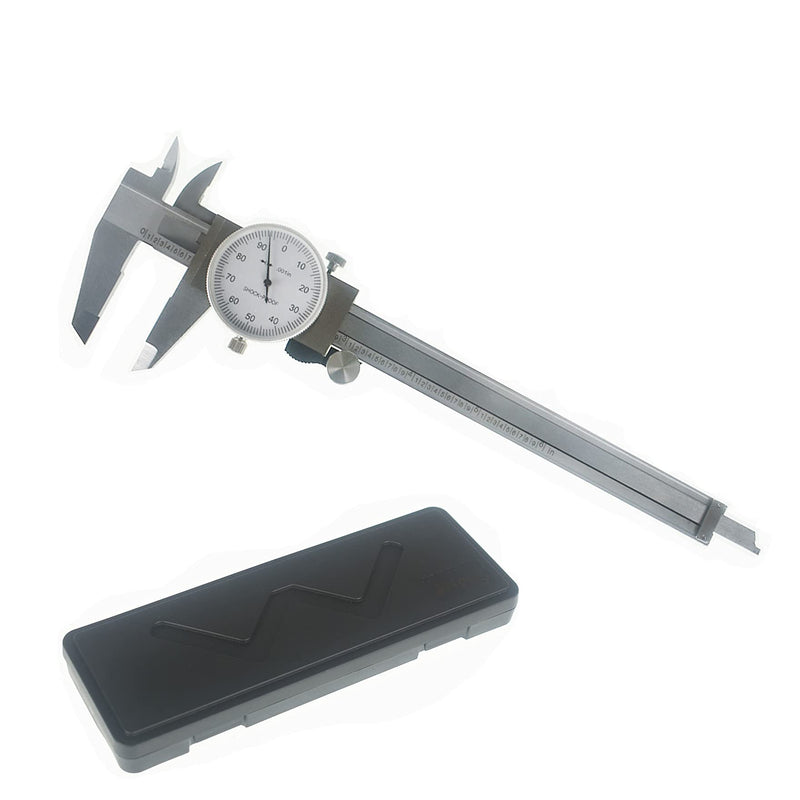 6 Inch 0.001 Precision Dial Caliper Stainless Steel Shockproof 4-Way Measurement with Plastic Case, Good Caliper Measuring Tool