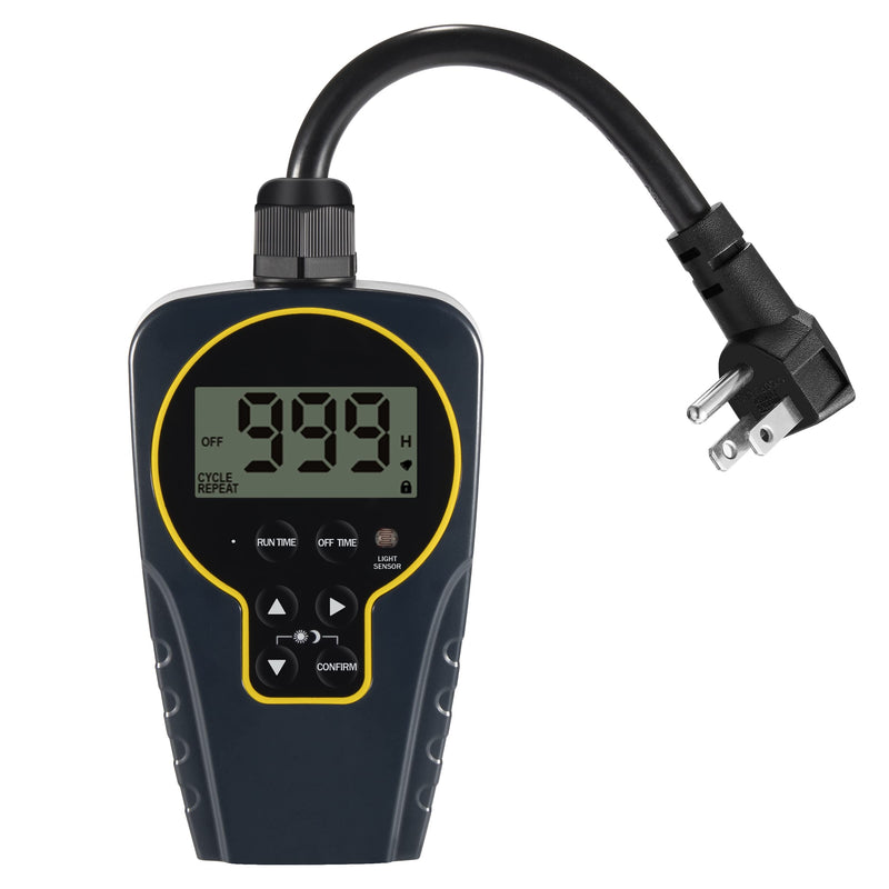 1 s to 999 h Short/Long On-Off Interval Repeat Cycle Timer Plug Outlet with Countdown and Light Sensor, Waterproof for Outdoor (15A 1HP)
