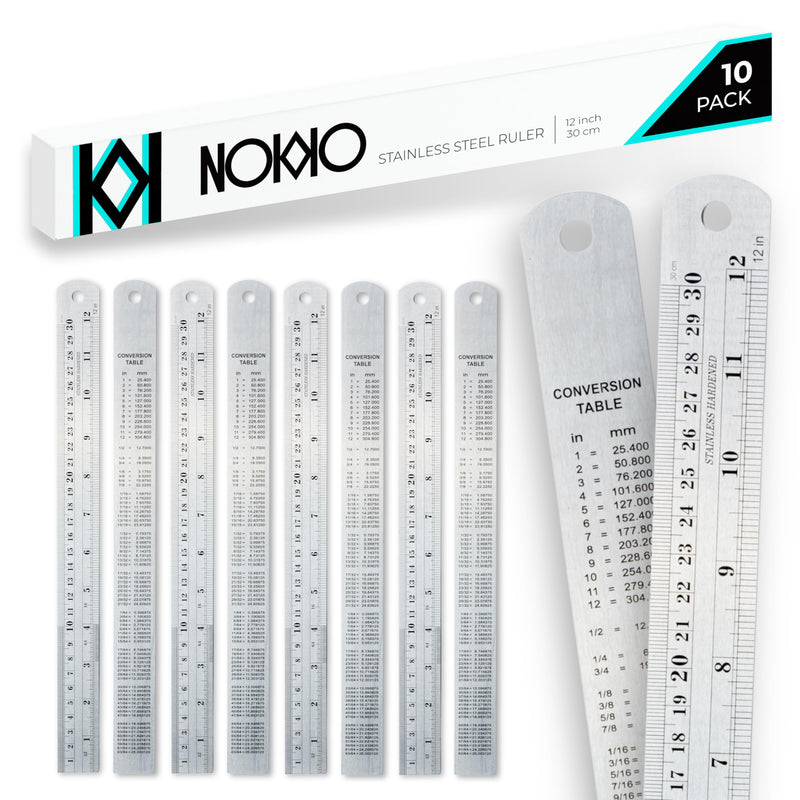 NOKKO Metal Ruler 12 Inch - Pack of 10 - Measuring Set of 12-Inch / 30 cm Stainless Steel Rulers with Imperial & Metric Measurements & Conversion Table - Metal Straight Edge Ruler for Cutting 12 Inch - 10 Pack