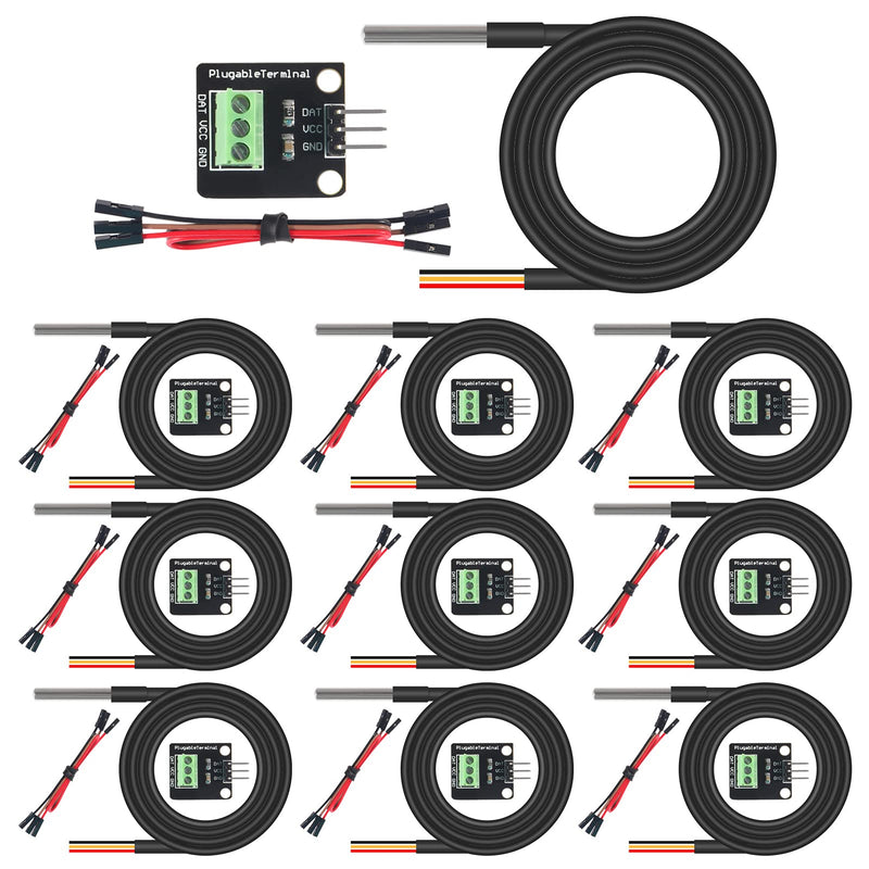 AITRIP 10Pack DS18B20 Temperature Sensors Kit 1m/39.3" Cable Waterproof with Stainless Steel Probe for Arduino Raspberry Pi