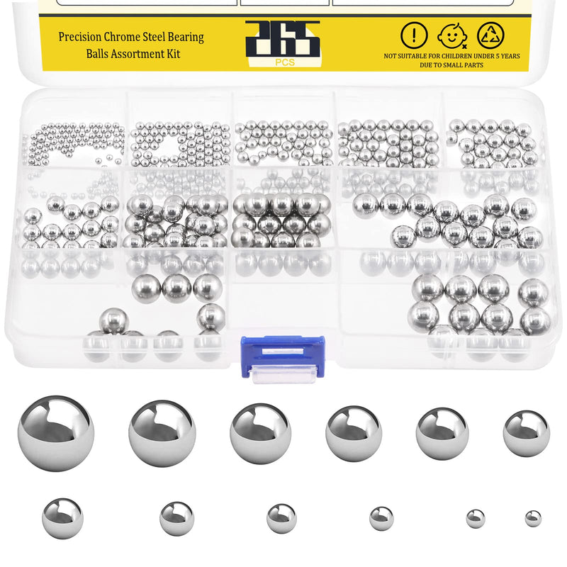 265 Pcs 12 Sizes Precision Chrome Steel Bearing Ball Assortment Kit with Storage Box 1/2'' 3/32’’ 1/8" 5/32" 3/16" 7/32" 1/4" 9/32" 5/16" 11/32" 3/8" 13/32" SAE 265