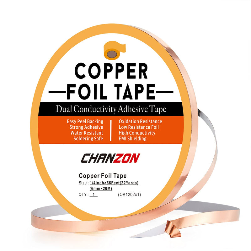 CHANZON Copper Foil Tape 6mm 1/4 inch x 66ft Double Sided Conductive Adhesive for Stained Glass,Soldering,Electric,Crafts,Repair,Paper Circuits,Grounding,Guitars 2) 1/4inch x 66ft