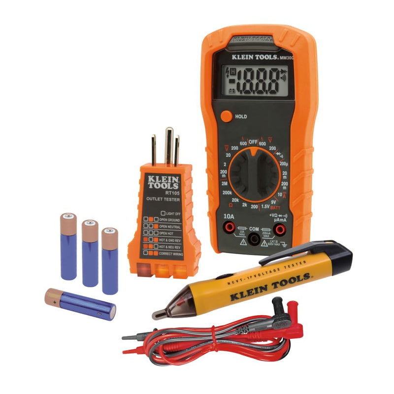 Klein Tools 69149P Electrical Test Kit with Digital Multimeter, Non-Contact Voltage Tester and Electrical Outlet Tester, Leads and Batteries Multimeter Kit