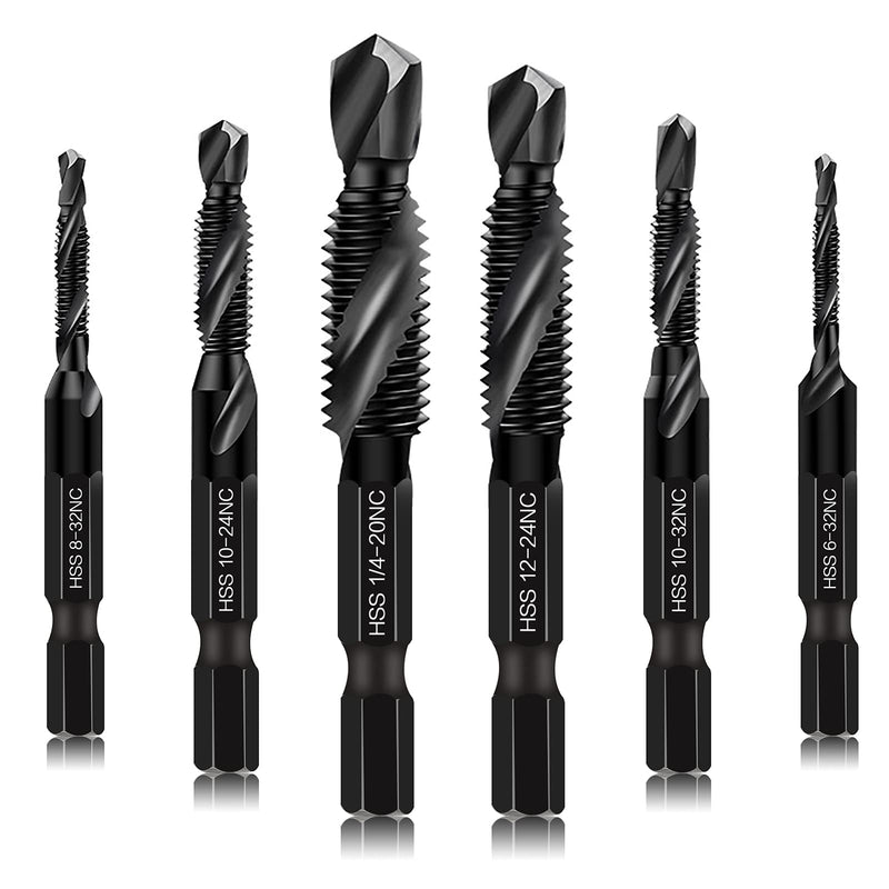 6 Packs Combination Drill & Taps Bit Set, Screw Tapping in SAE Size 6-32nc 8-32nc 10-32nc 10-24nc 12-24nc 1/4-20nc with Anti-Rust Black Coating, 1/4” Hex Shank and Storage Case 6 Pcs Tap Set