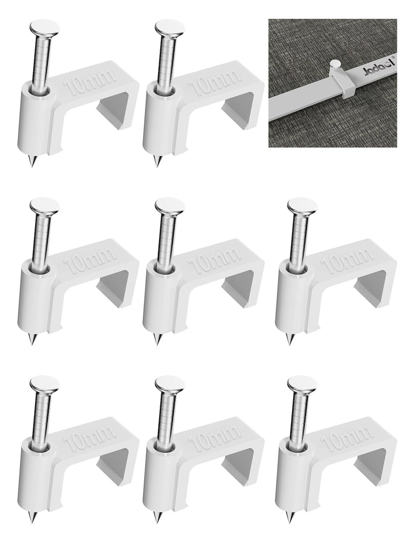 Jadaol 100Pcs 10mm Cable Clips with Nails, Flat Ethernet Cable Wall Clips, LAN Network Cable Tacks, Coax & Speaker Wire Clips, Internet Patch Cord Clips for Cat5/Cat5e/Cat6/Cat6a/Cat7/Cat8 RJ45 Cable Flat-10mm-100P