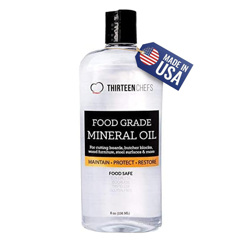 Thirteen Chefs Mineral Oil - 8 oz Food Grade Conditioner for Wood Cutting Board, Countertop & Butcher Block, Lubricant for Knife or Meat Grinder - Safe USP Finish on Marble, Soapstone 8 Fl Oz