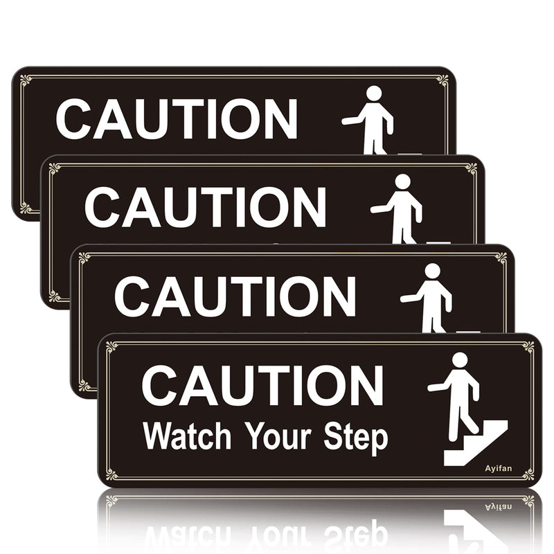 4 Pack Caution Watch Your Step Sign for floor, Acrylic with Symbols Self-adhesive for Home and Business Restaurants Offices 9"x3" Black Gold Easy to Mount Outdoor or Indoor Use Black Caution Watch Your Step black+white+gold