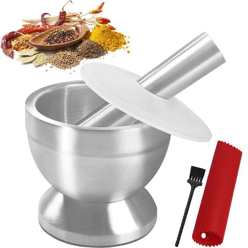 Stainless Steel Mortar and Pestle Set, Spices Grinder Pill Crusher with Silicone Protective Lid - Heavy Duty Mortar Pestle for Molcajete Herb Bowl, Pesto Powder, Spices Herbs Grinder