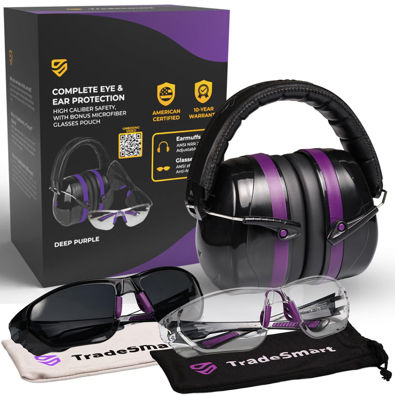 TradeSmart High-Performance Earmuffs for Shooting Range & Shooting Eye Protection Glasses + Firearm Confidence Course Clear+tint - Purple