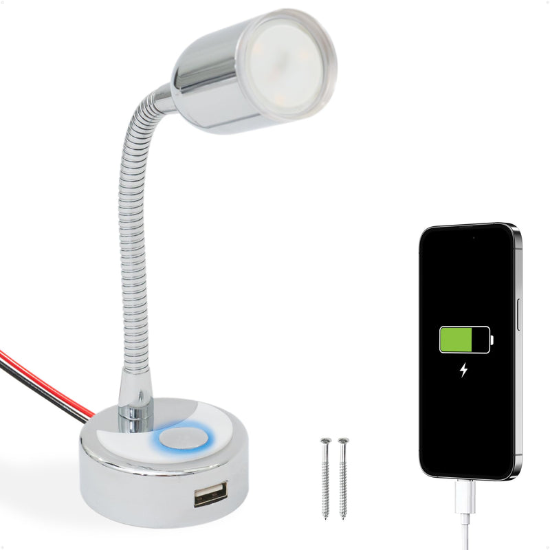 Five Oceans LED Reading Light with USB Charging Port, 12V Warm White, Touch On-Off Switch, Flexible Gooseneck Style RV Interior Lighting for RV, Boat, Camper - FO4599