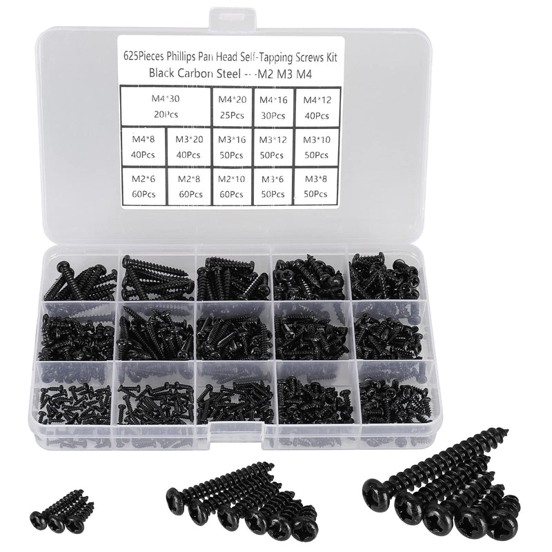 625pcs M2 M3 M4 Phillips Pan Head Self-Tapping Wood Screws,14 Sizes Cross Recessed Round Head Self Tapper Screws Assortment Kit for Wood,Plastic and Soft Metal,Black Carbon Steel,Sharp Point Black:625Pcs Pan Head M2-M3-M4