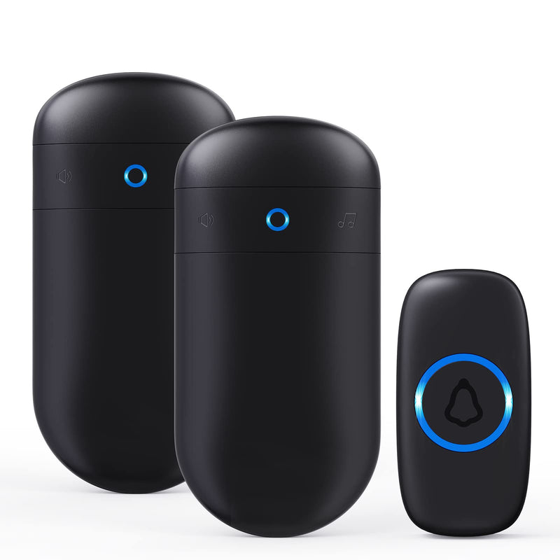 Wireless Doorbell, SECRUI Door bell Over 1000ft Coverage with 2 Plug-In Receivers, 1 Waterproof Push button, 52 Chimes, 110dB loud Sound Colorful LED Flash 2 Receivers 1 Push buttons Black