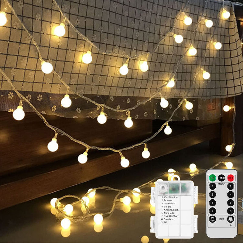 Battery Operated LED Globe String Lights, 2-Pack Total 52FT 120LEDs - Each 26FT 60LEDs 8 Mode Waterproof Christmas Fairy String Lights with Remote for Home Bedroom Garden Wedding Party Decoration Warm White/2-Pack