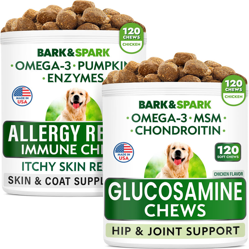 Allergy Relief Dog Treats + Glucosamine Dog Treats Bundle - Omega 3 + Pumpkin + Enzymes for Itchy Skin Relief + Joint Pain Relief and Hip Support Supplement w/ Chondroitin, MSM, Omega-3 - Made in USA - NewNest Australia