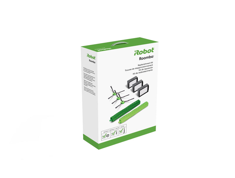 iRobot Roomba Authentic Replacement Parts - Roomba e, i, & j Series Replenishment Kit, (3 High-Efficiency Filters, 3 Edge-Sweeping Brushes, and 1 Set of Multi-Surface Rubber Brushes),Green Black
