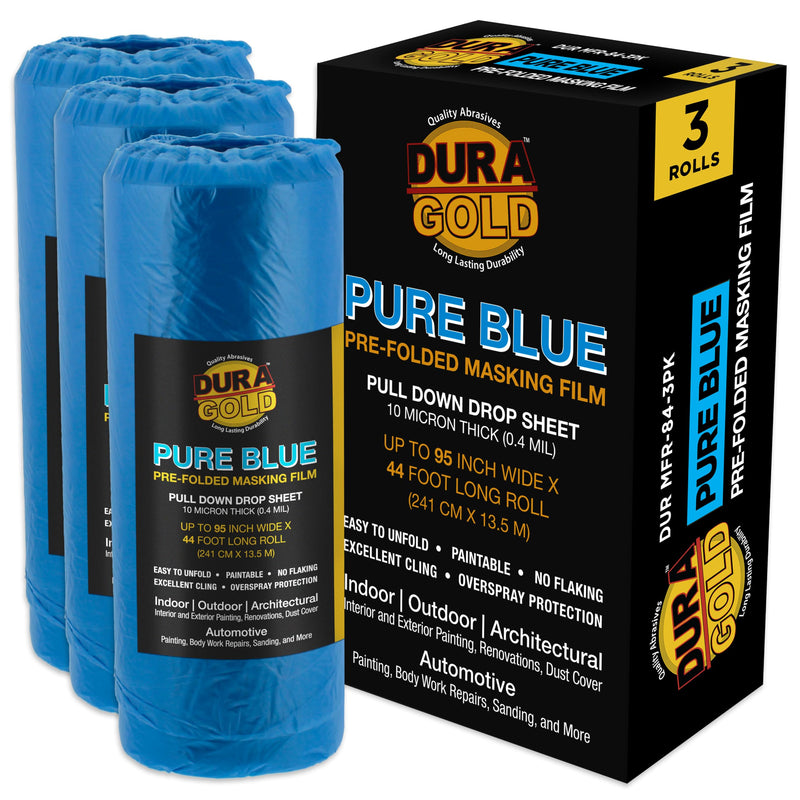 Dura-Gold 95" x 44' Pure Blue Pre-Folded Masking Film, (3 Pack) Painters Plastic Roll (0.4 Mil), Pull Down Drop Sheet, Pre-Folded Plastic Sheeting for Painting Protection on Auto, Walls, Furniture