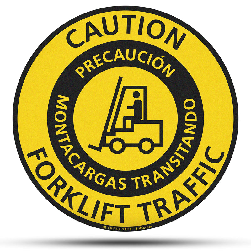 TRADESAFE Bilingual Caution Forklift Traffic Anti-Slip Floor Sticker - Precaución Montacargas Transitando Caution Sign, Peel and Stick Adhesive Vinyl Sign, ANSI-Compliant, 17” Diameter Round Sticker - NewNest Australia