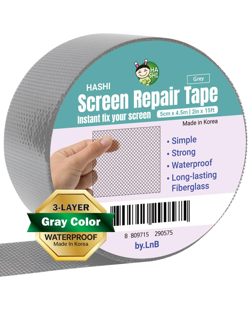 HA SHI Screen Repair Kit for Windows or Doors (2" x 6.5FT, Grey) 3-Layer Strong Adhesive Tape, Made in Korea, Ease-Installation Fiberglass Covering Mesh 2 Inch x 6.5 FT