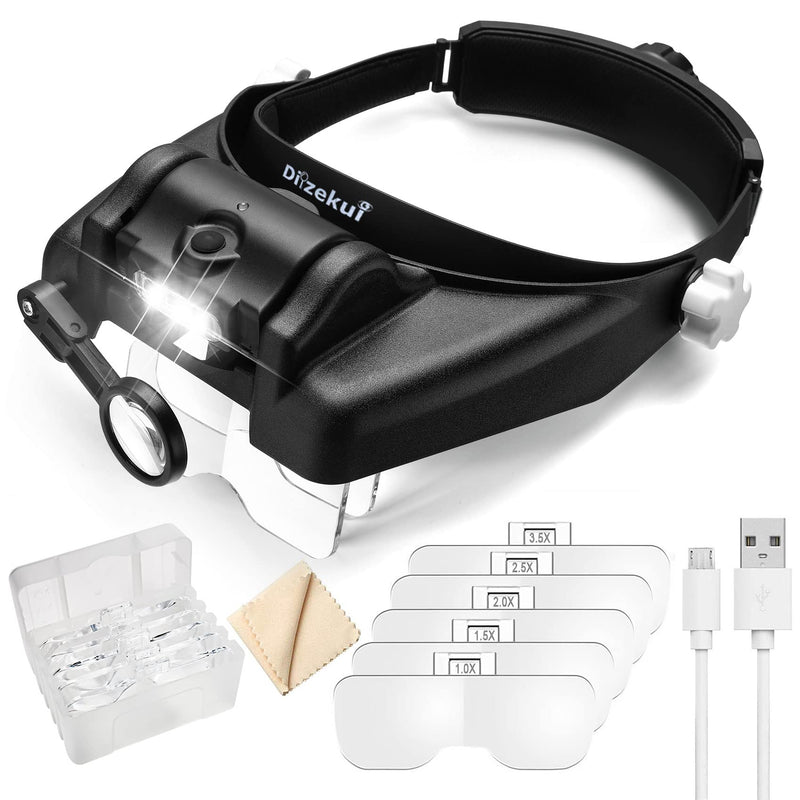 Head Magnifying Glasses with Light, Rechargeable Lighted Magnifying Glass 1X to 14X for Close Work, Magnifying Headset with Detachable Lens,Hands Free Head Magnifier for Jewelers Hobby Crafts Black