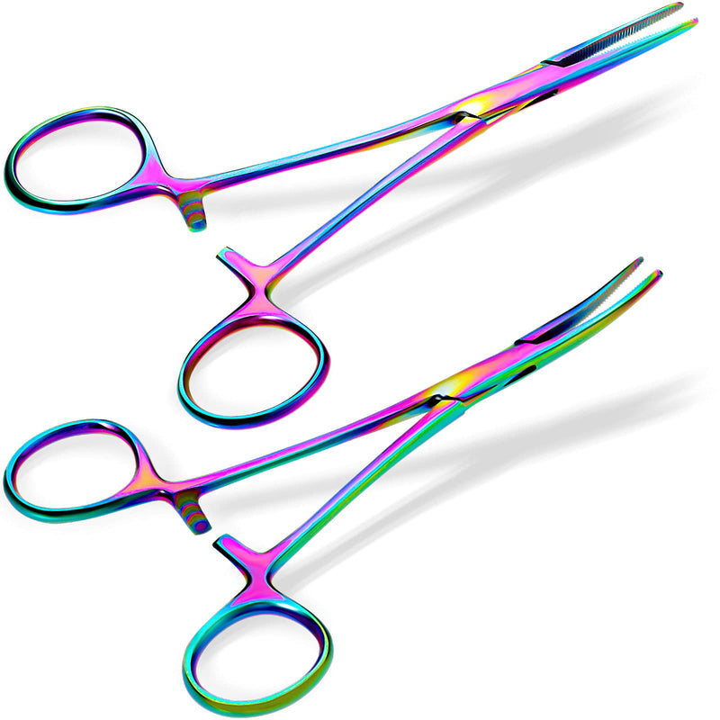 BBTO Hemostat Curved and Straight Hemostat Forceps Piercing Pliers Forceps, Stainless Steel Straight and Curved Pliers, Fishing Tweezer Hemostats(Colorful,2 Pcs) 2 Colorful