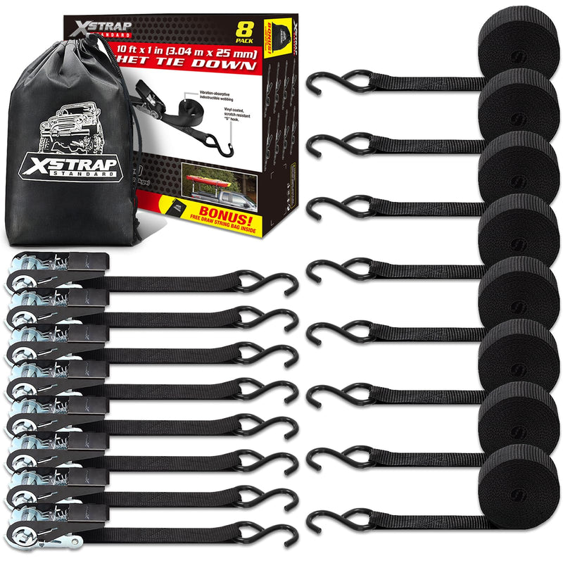XSTRAP STANDARD Ratchet Tie Down Straps 8PK 1'' x 10 ft - 900 LB Break Strength Cargo Straps for Moving Appliances, Lawn Equipment, Motorcycle (Black) 8pk 1inchx10ft Black