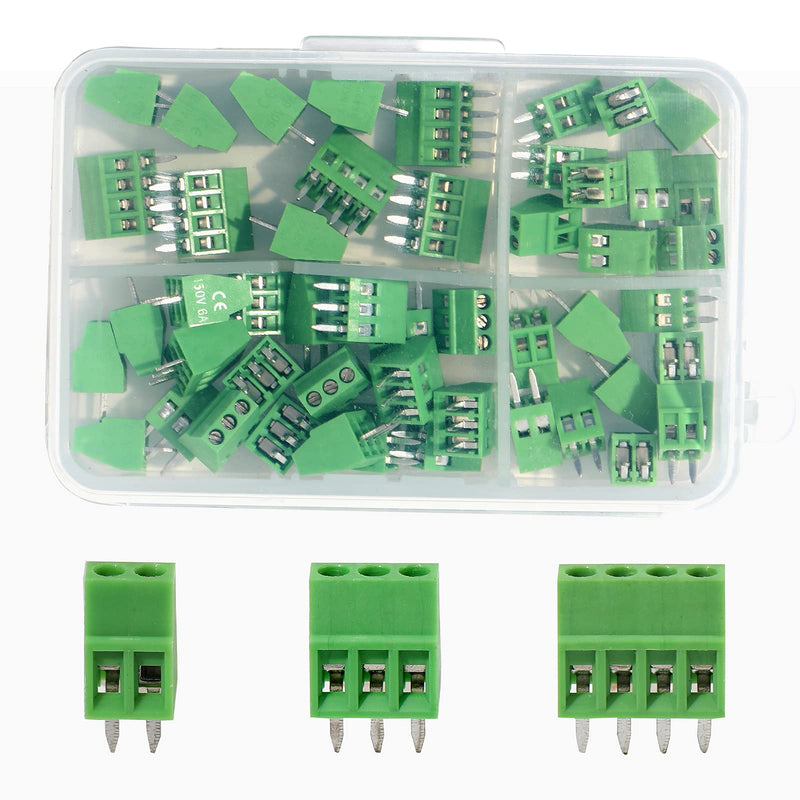 50PCS 2.54mm 0.1" Pitch PCB Mount Screw Terminal Block Connector, 2P 3P 4P Terminals 150V 6A for 26-18AWG Cable