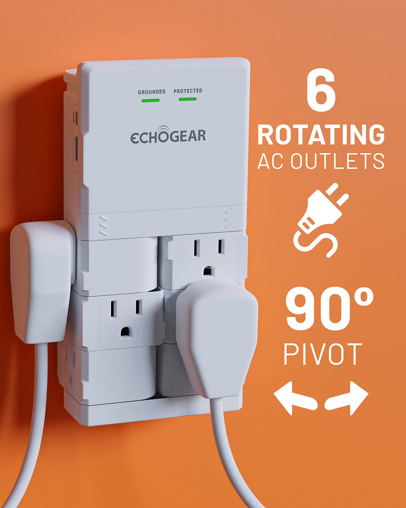 ECHOGEAR Wall Outlet with USB Ports & Surge Protection - Power Protect 8 Devices 6 Rotating AC Plugs 2 Includes 1x USB-C Port USB-A White White With USB-C & USB-A