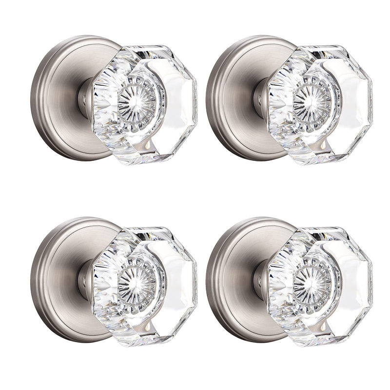 4 Pack Glass Dummy Door Knobs, Single Side Dummy Door Knob Set, Brushed Nickel Dummy 4 Pack Satin Nickel