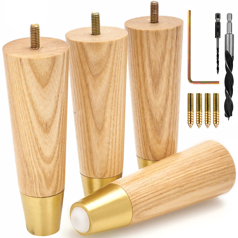 Ash Wood Furniture Legs With Gold Caps - Mid Century Legs For Sofa, Chair, Table, Dresser, Bed, Cabinet, Ottoman - Wooden Legs Are Easy To Install & Include Installation Hardware - Set of 4, 6 Inches Ash / Gold