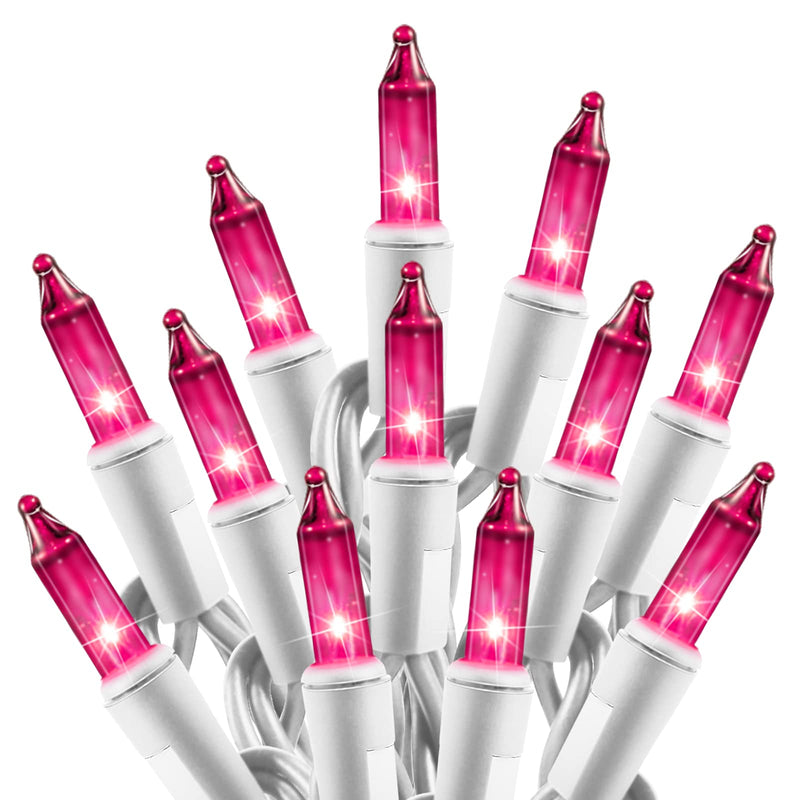 Christmas Pink Mini String Lights - 100 Count 25 Feet Detachable Incandescent Bulb Waterproof Fairy Lights Plug in for Indoor Outdoor Party Patio Xmas Tree Valentine's Day Decoration, White Wire
