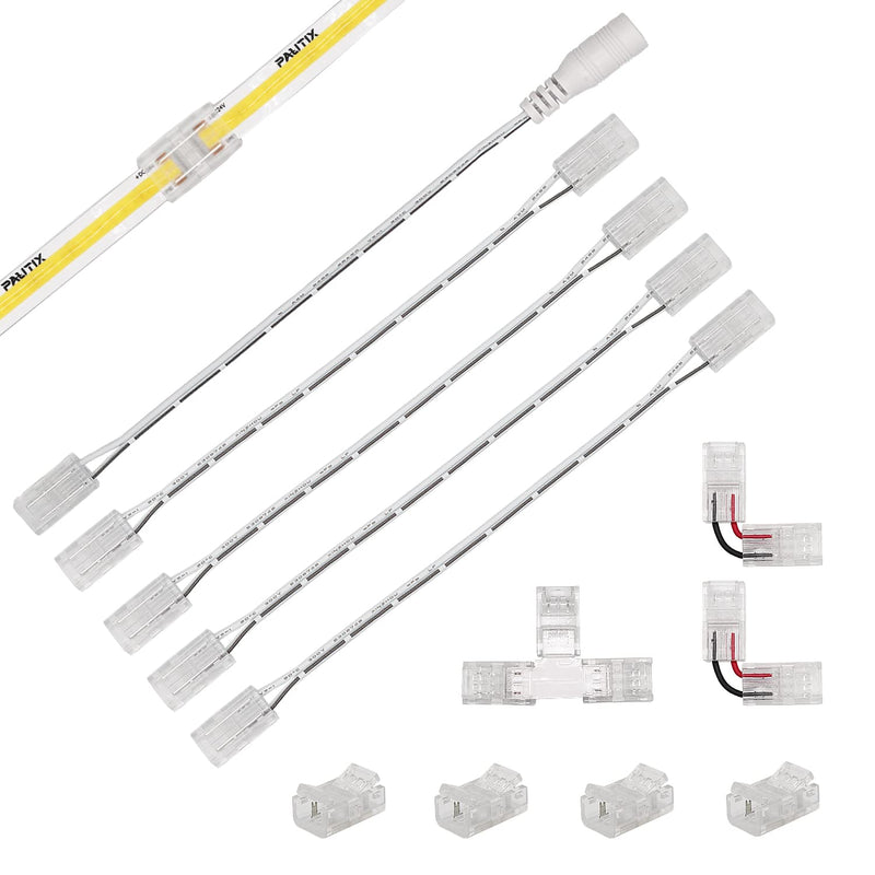 PAUTIX 8mm Connectors for 2-Pin COB LED Strip Lights,4pcs Transparent Gapless Connectors,4pcs Dual End,1pc Single to DC Female Plug 7.9in Extension Wire,2pcs L-shaped Connectors,1pc T-shaped Connector 8mm Cob Connectors/Upgraded Set