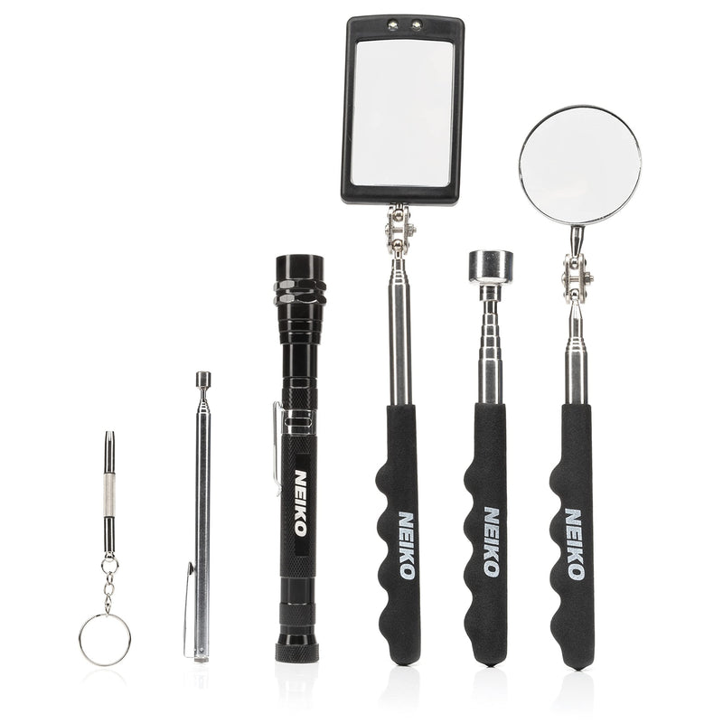 NEIKO 20736A (6) Piece Set, Magnetic Tool & Telescoping Mirror Set, Adjustable Telescoping Magnetic Pickup Tool, Flashlight 15lb Retriever Tool, 360 Swivel, Magnet Mirror, Magnetic Tools for Mechanic Pick Up Tool 6 Piece Set