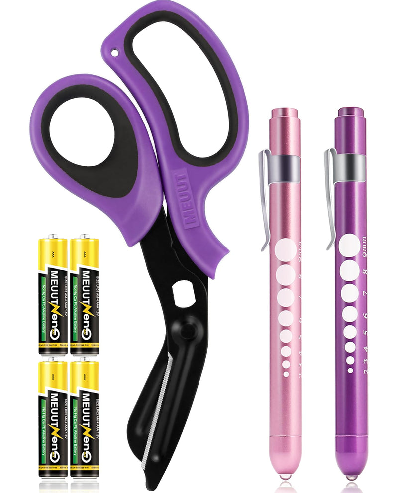 MEUUT 3 Pack Medical Scissors and penlights for Nurses with Four Batteries-One 8" Patented Trauma Scissor Bandage Scissor Two LED Pen lights for Nurse Doctor EMT First Aid Purple Scissor+purple&pink Penlight
